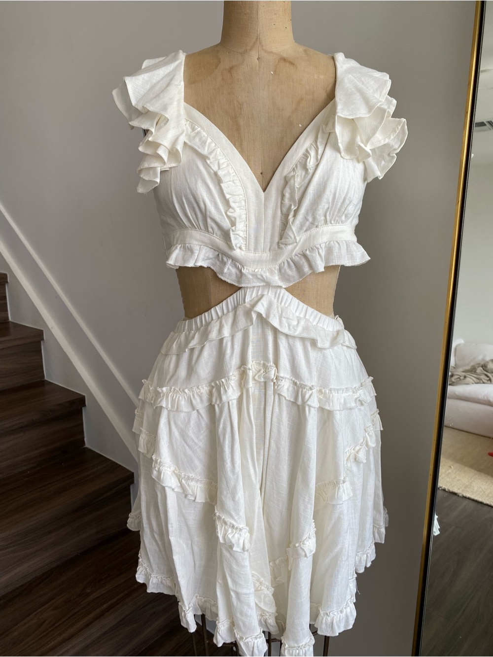 Luxxel White Backless Ruffle Cutout Midi Dress